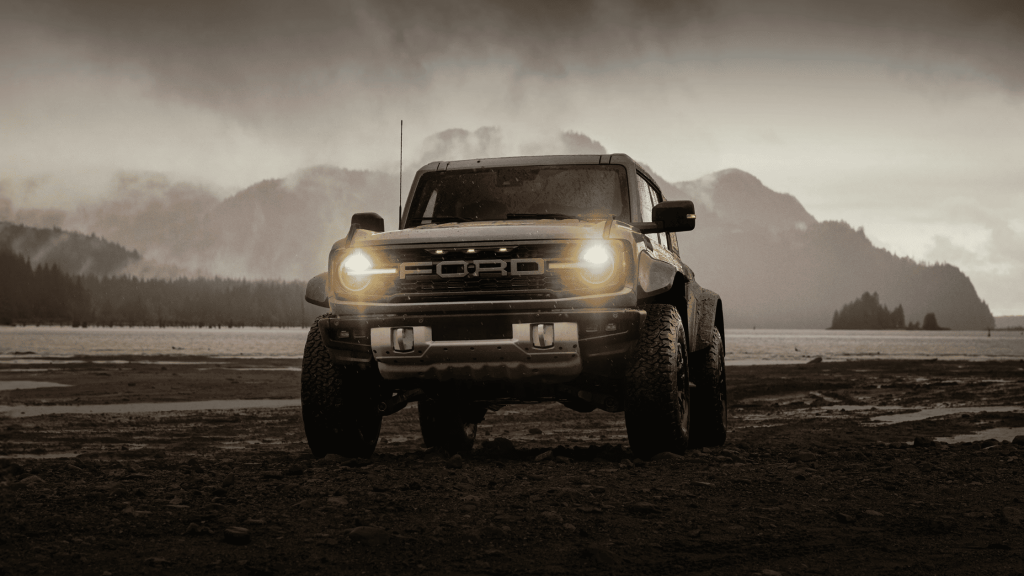 Front view of the 2025 Ford Bronco® off-roading in Shaker Heights, OH under moody skies.
