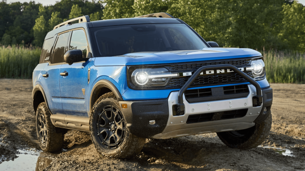 Side view of the 2025 Ford Bronco Sport® in a scenic setting near Mentor, OH, known for its compact size and off-road versatility.