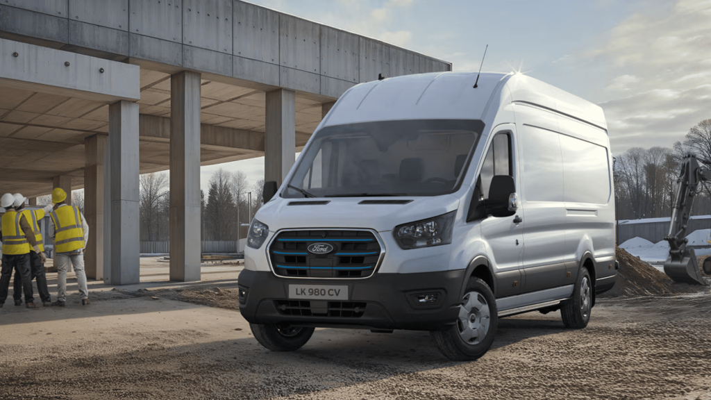 White 2025 Ford E-Transit™ cargo van parked in an urban commercial area near Mentor, OH, built for efficient electric work transport.