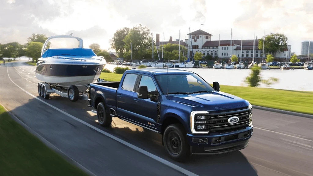 2025 Ford Super Duty® truck towing a heavy load near Concord, OH, built for power, durability, and professional hauling needs.