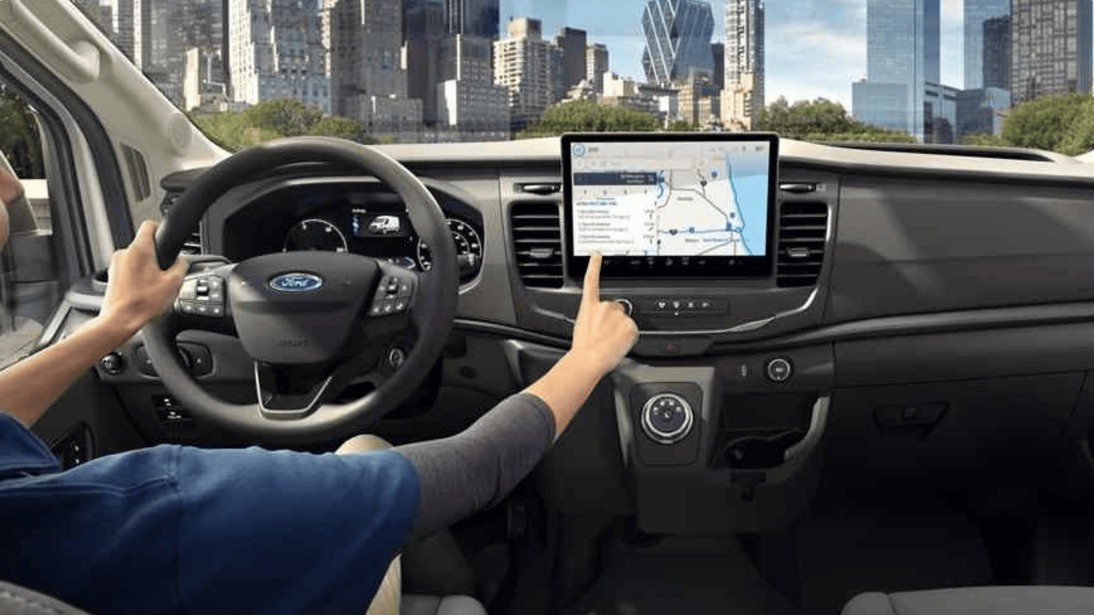 Digital instrument cluster of the 2025 Ford E-Transit™ showing driving range and electric powertrain status.