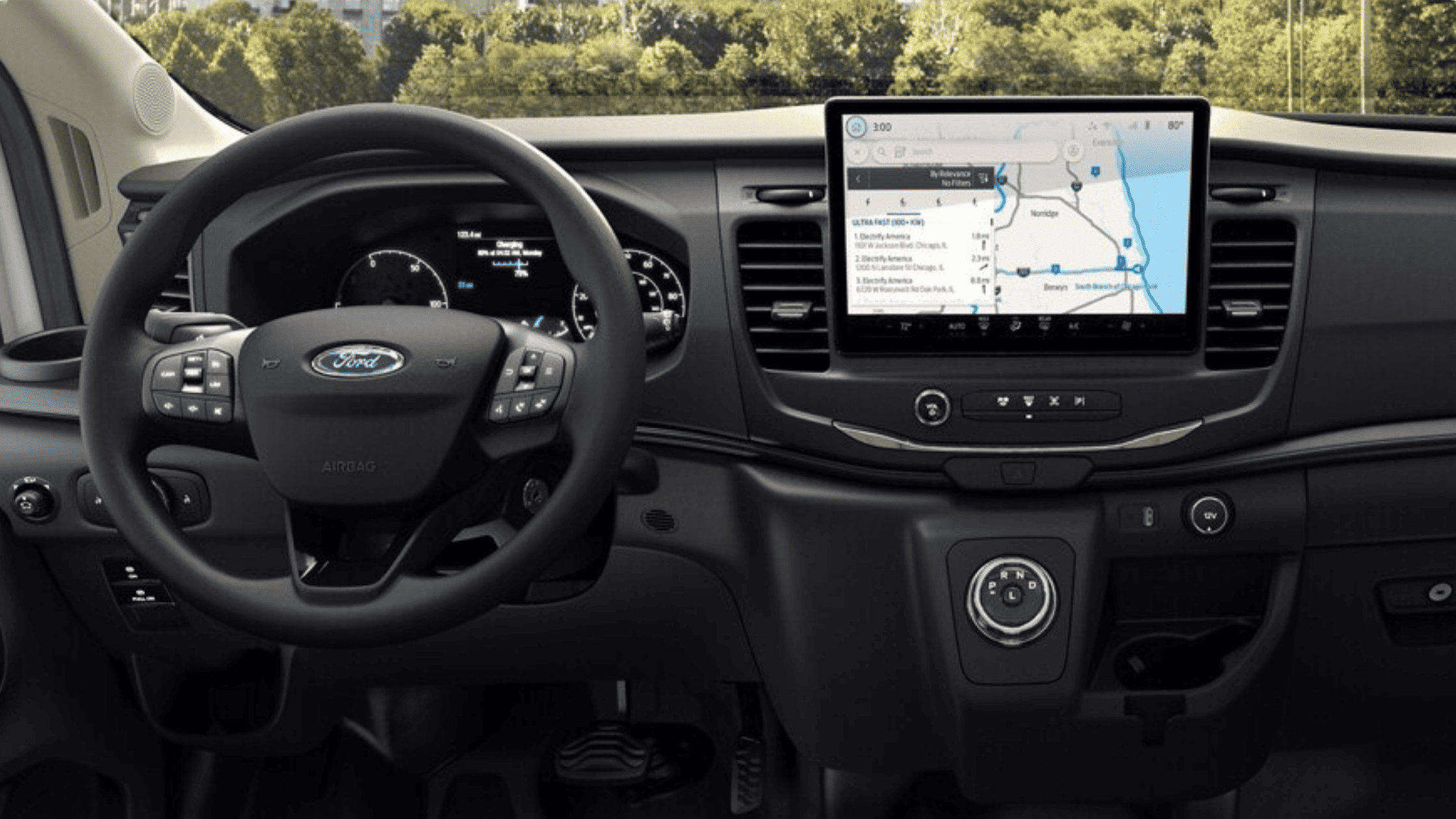 Interior cabin of the 2025 Ford E-Transit™ featuring a large touchscreen navigation system and modern dashboard.