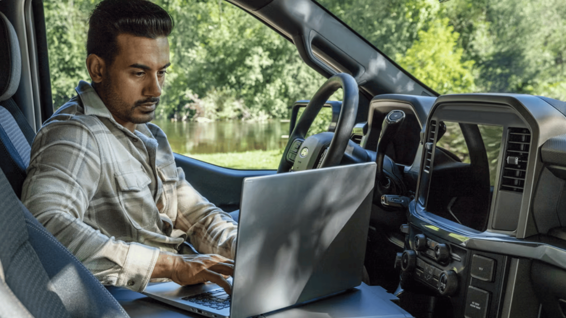 Digital driver display in the 2025 Ford F-150® showing off-road mode and advanced driver-assist features.