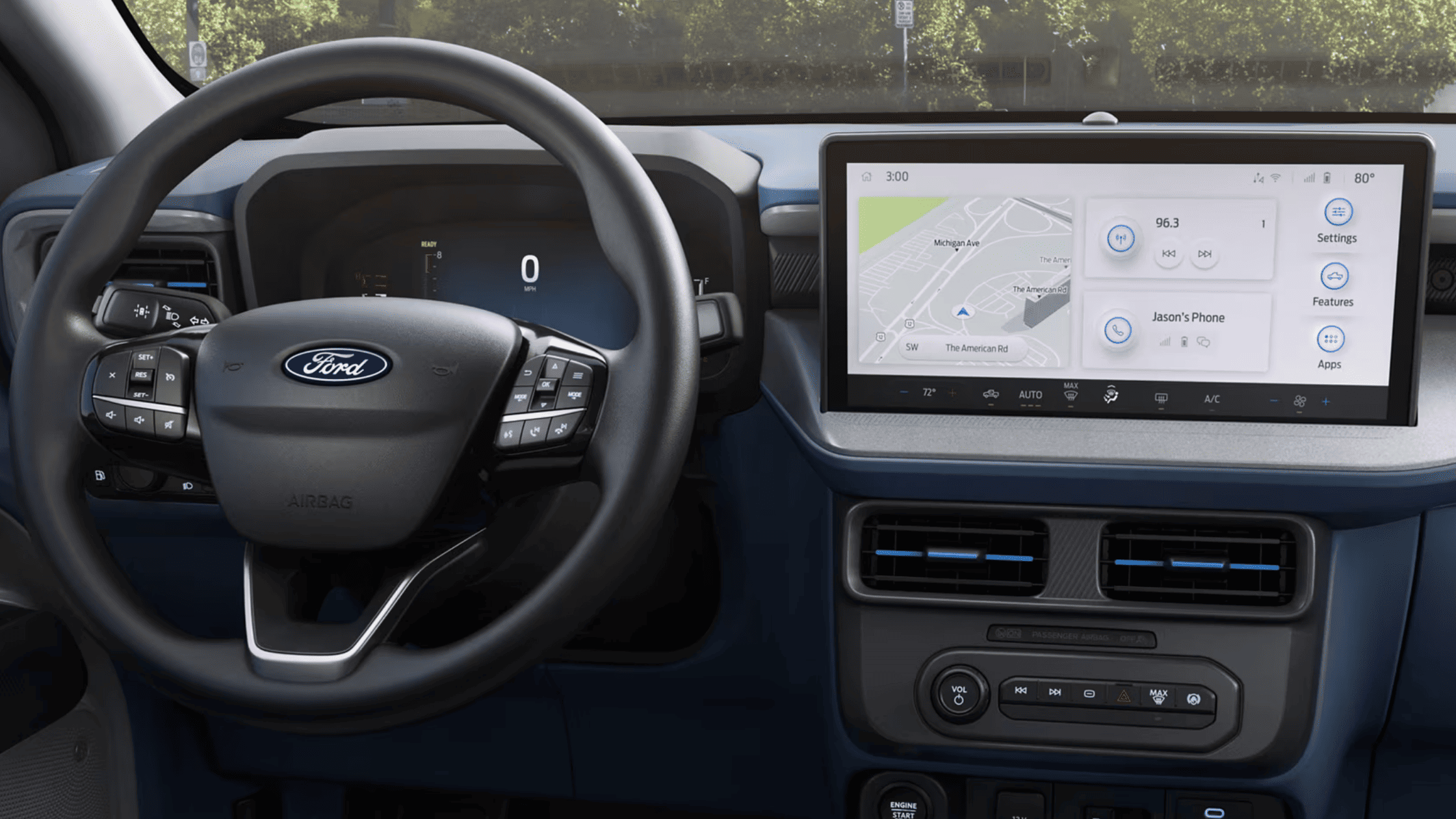 The 2025 Ford Maverick’s interior features a modern dashboard with a large touchscreen infotainment system, a digital instrument cluster, and a multifunction steering wheel.